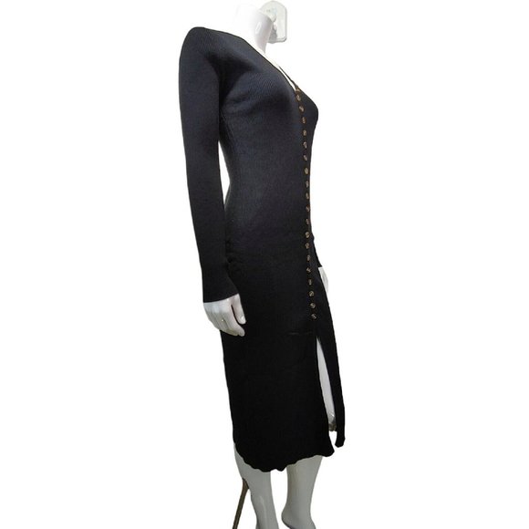 Black Deep V Neck Button Down Long Knit Bodycon Dress / Long Sleeve  Siz… - Picture 12 of 16